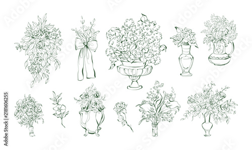 Foto Vintage garden plants in vase and urn and flowers hand drawn line art