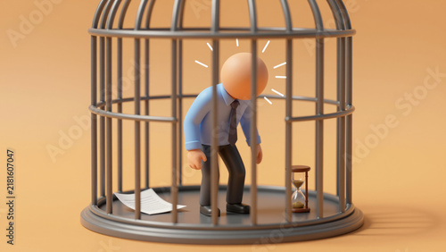 A sad office worker in a cage. Poor workplace conditions and emotional burnout. Corporate pressure leads to depression while lack of freedom and toxic environment affect employee wellbeing.