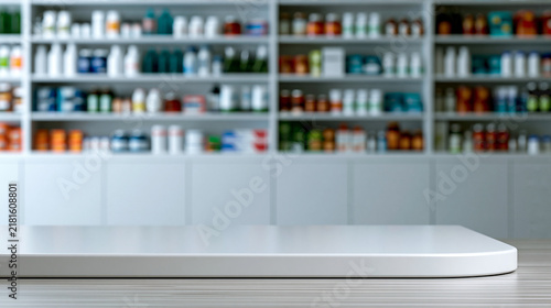 Elegant photo of Empty white pharmacy counter with blurred shelves of medicine in the background. Ideal for product placement or healthcare marketing design.
