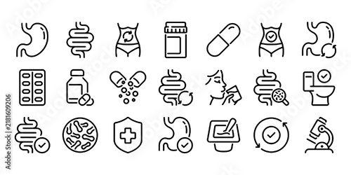 Obraz na płótnie Set of Editable Stroke Outline Icons Related to Digestion, Intestine, Stomach an