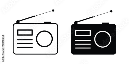 Radio icon fill and line concepts featuring broadcast symbols, audio controls, communication devices, and modern editable vector design