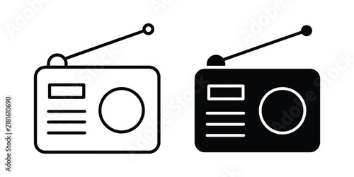 Radio icon fill and line concepts featuring broadcast symbols, audio controls, communication devices, and modern editable vector design