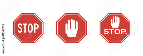 Red stop sign featuring white text and hand symbol on traffic warning sign for safety, restriction, prohibition, and vector illustration