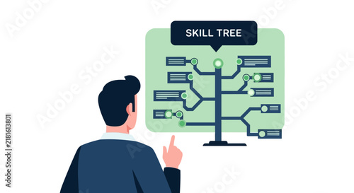 Professional Man Analyzing Skill Tree Diagram for Career Growth and Personal Development Roadmap