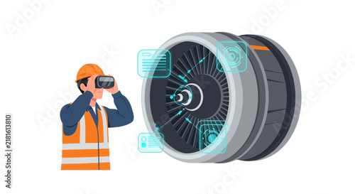 Engineer Using VR Goggles to Inspect Aircraft Engine, Virtual Reality for Industrial Maintenance and Augmented Reality in Aviation Engineering Diagnostic Technology
