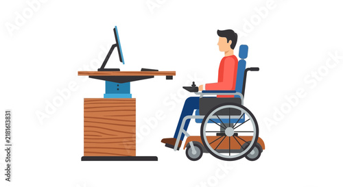 Disabled Man in Electric Wheelchair Working at Adjustable Desk, Professional Workplace Inclusion and Accessibility Flat Vector Illustration