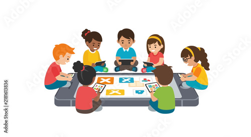 Diverse Group of Children Learning and Playing with Digital Tablets and Large Interactive Screen Vector Illustration