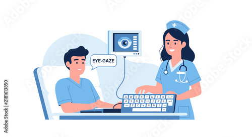 Eye-Gaze Technology Assistive Device for Patient Care with Nurse Illustration. Modern healthcare innovation for accessibility and communication in medical settings.