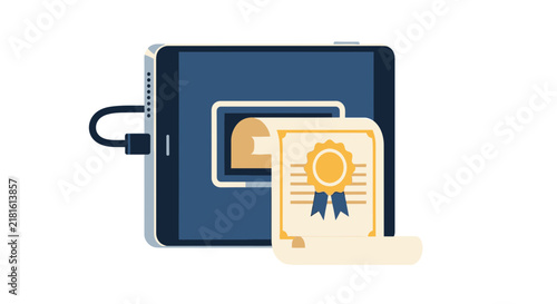 Online Education and Digital Certificate Concept with Scroll Emerging from Tablet Screen - Vector Illustration