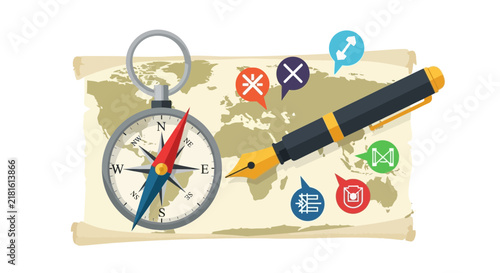 Global Travel Planning and Storytelling Concept: Vector Illustration of World Map with Compass, Fountain Pen, and Communication Icons