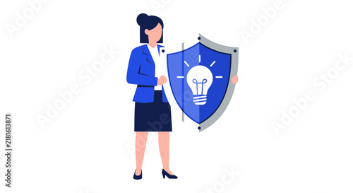 Intellectual Property Protection Concept Illustration: Businesswoman Holding a Shield with Lightbulb for Patent and Copyright Security