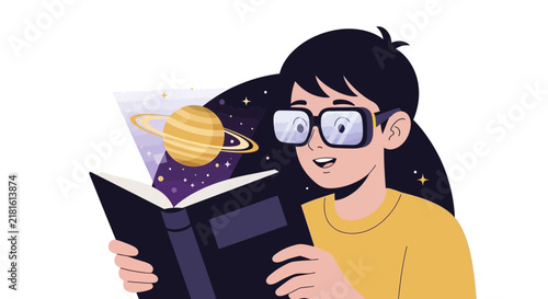 Creative Education Concept Illustration of Young Girl Reading a Book with a Glowing Planet Saturn and Stars Emerging, Symbolizing Imagination and Immersive Learning