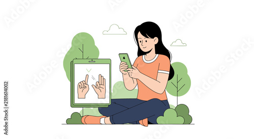 Young Woman Learning Sign Language via Mobile App Outdoors, Inclusive Technology and Digital Education Illustration for Accessibility and Communication