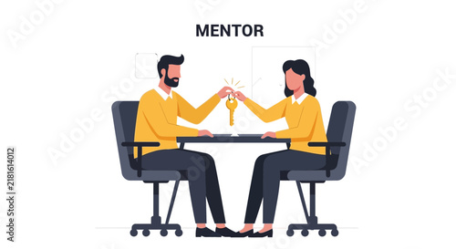 Business Mentor Handing Golden Key to Student, Professional Coaching and Success Concept Vector