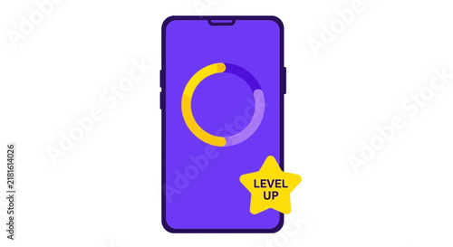 Mobile Gamification Concept Illustration with Smartphone, Loading Progress Ring, and Level Up Star Icon on White Background