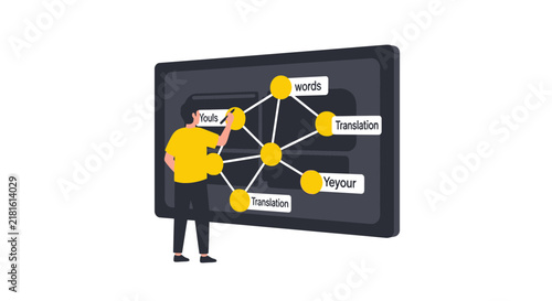 Conceptual Illustration of Language Translation and Linguistics Data Mapping with Character Connecting Words