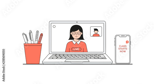 Online Education and E-Learning Concept Illustration with Laptop, Smartphone, and Live Video Call Vector Art
