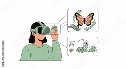 Young Woman Using VR Headset for Immersive Science Education Learning About Butterfly Life Cycle and Metamorphosis in Virtual Reality Environment Illustration