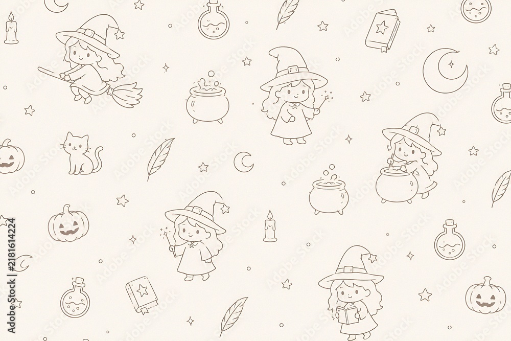 Obraz premium Cute Halloween Witch Line Art Seamless Pattern with Magic, Pumpkins and Potions