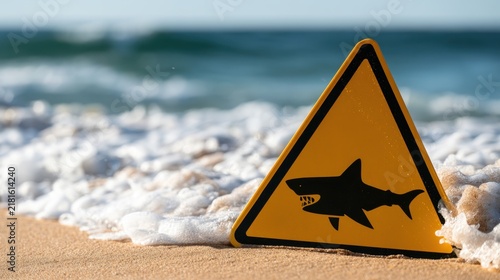 Warning sign on sandy beach indicating presence of dangerous shark in ocean with blurred water and foam waves background