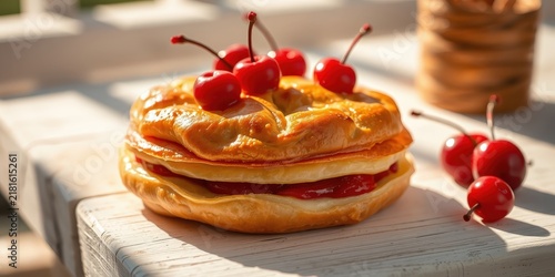 A delicate pastry filled with cream and topped with a red berry glaze, resting on a white wooden surface, bathed in warm sunlight.