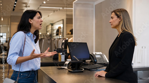 Angry Female Customer Complaining And Gesturing To A Store Manager At A Retail Checkout Counter, Representing Customer Service Conflict Resolution