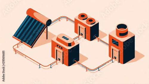 Renewable energy system illustration with solar panel and storage units