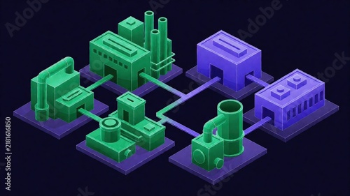 Modern isometric digital factory layout with interconnected machinery and infrastructure