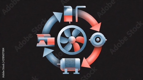 Diagram of a Mechanical System with Circular Gear and Flow Arrows Illustration