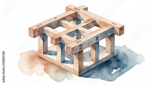 Wooden Block Tower Constructed from Interlocking Planks on Watercolor Canvas