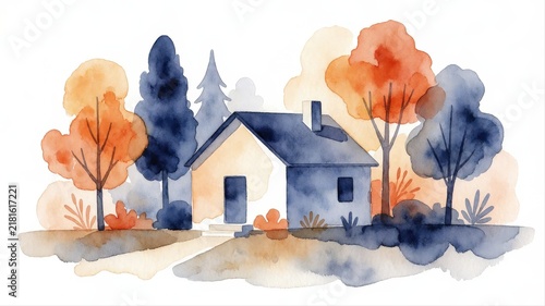 Watercolor Illustration of a Cozy House Surrounded by Colorful Autumn Trees