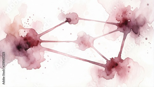 Abstract watercolor illustration of interconnected molecules and particles with splashes
