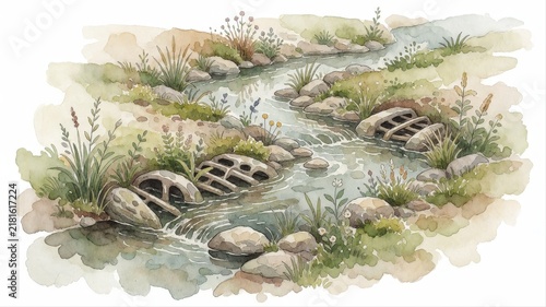 Beautiful watercolor painting of a tranquil rocky stream with lush plants and gentle flow
