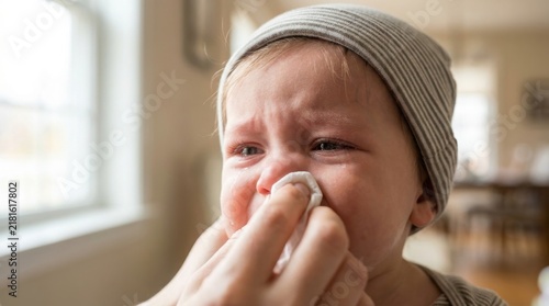 A parent wiping the nose of a crying baby wearing a striped hat in a bright home living space.