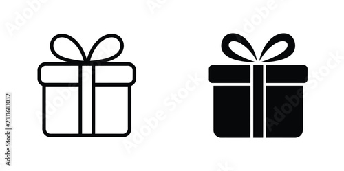 Gift box icon set featuring surprise presents, wrapped packages, ribbons, bows, celebration symbols, and festive vector illustrations for special occasions