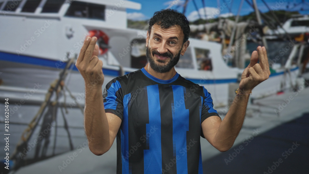 Fototapeta premium Man soccer player, bearded and middle aged, in blue and black striped jersey making pinched fingers money gesture beside a docked boat at a marina on street; playful invitation.
