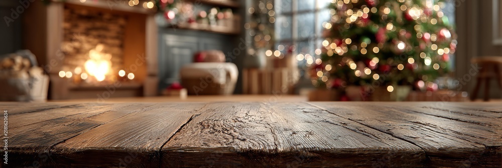 Obraz premium Warm christmas fireplace scene with wooden table foreground