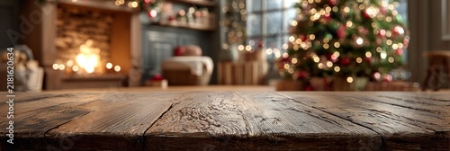 Warm christmas fireplace scene with wooden table foreground