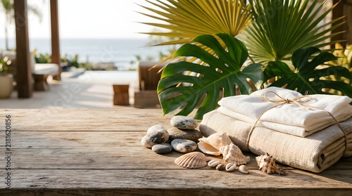Luxury tropical spa still life with seashells and monstera leaves on wooden table at seaside resort