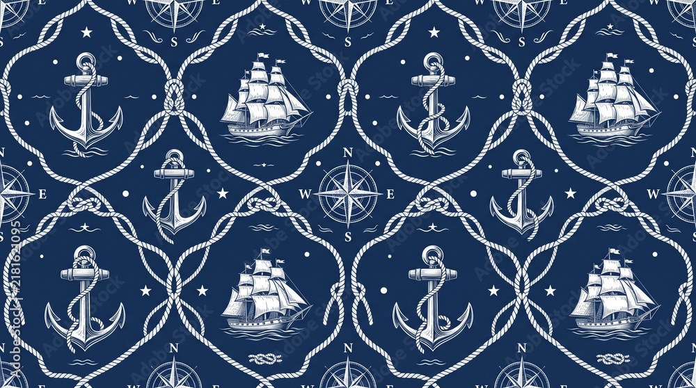 A seamless nautical pattern with anchors, ships, compasses, and ropes in navy and white, maritime theme, classic repeatable design, 8k.