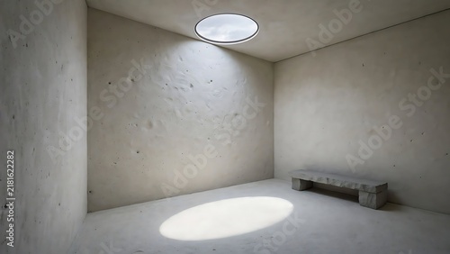 Minimalist Room With Circular Skylight and Stone Bench