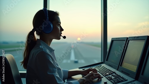 Woman air traffic controller with headset working at computer in airport control tower. Runway and sunrise view through window. Aviation safety, flight coordination and professional occupation concept