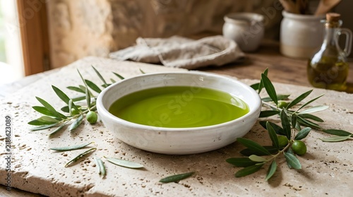 Fresh Extra Virgin Green Olive Oil in White Ceramic Bowl with Olive Branches on Rustic Stone Surface
