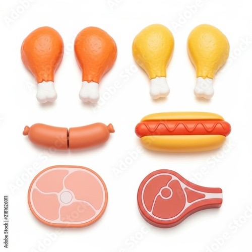 Assorted plastic toy food items for kid kitchen playset.