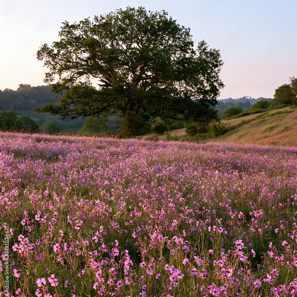 Obraz premium Pink campion meadow with trees in a natural setting