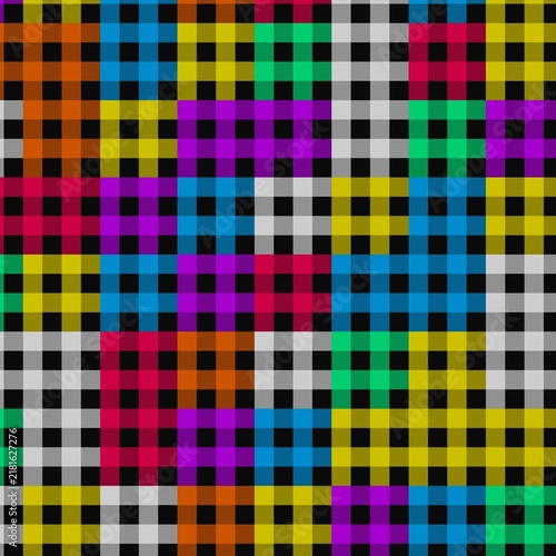 Obraz na plátne A colorful abstract pattern featuring a grid of interlocking squares in vibrant shades like red, blue, green, yellow, purple, orange, and white over a black and grey backdrop