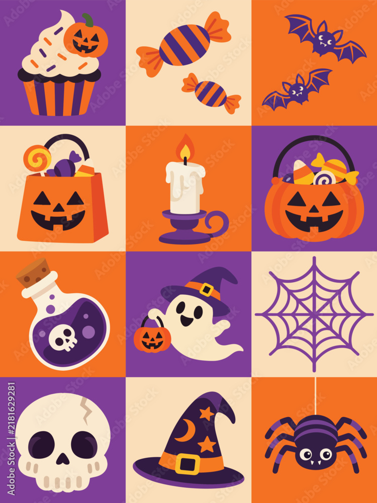 Fototapeta premium Vibrant Halloween grid features spooky treats and creatures