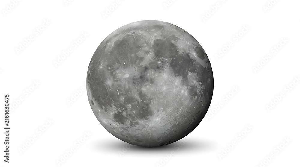Obraz premium Detailed 3D render of the full moon isolated on a white background featuring crater textures and soft realistic shadows for space exploration