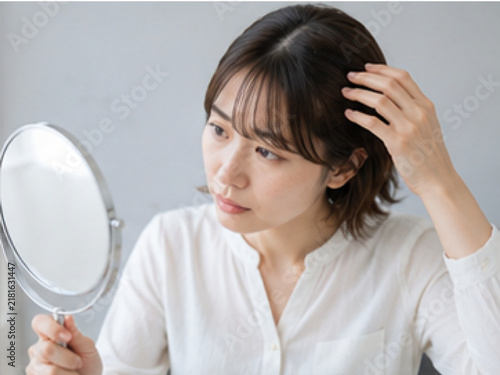 Plakat 鏡を見る女性,美容,美容医療,肌悩み,顔の悩み,コンプレックス,鏡,女性,日本人女性,顔,肌,頬,目元,口元,鼻,額,あご,フェイスライン,しわ,たるみ,シミ,毛穴,ニキビ,くすみ,乾燥肌,ほうれい線,目の下のクマ,肌荒れ,肌トラブル,スキンケア,エイジングケア,アンチエイジング,美容相談,美容カウンセリング,美容クリニック,美容皮膚科,美容外科,施術前,セルフチェック,確認,悩む,考える,不安,
