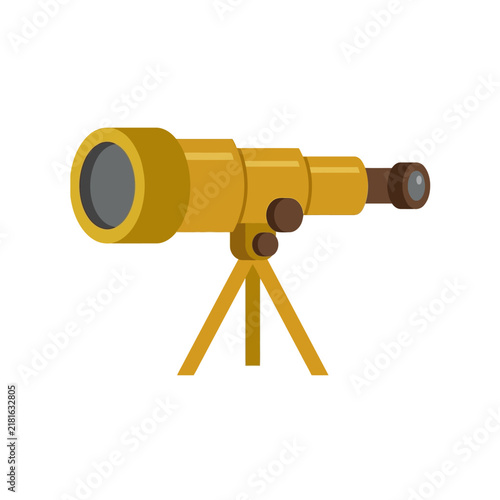 Flat illustration of a telescope mounted on a yellow tripod for stargazing and astronomy observation